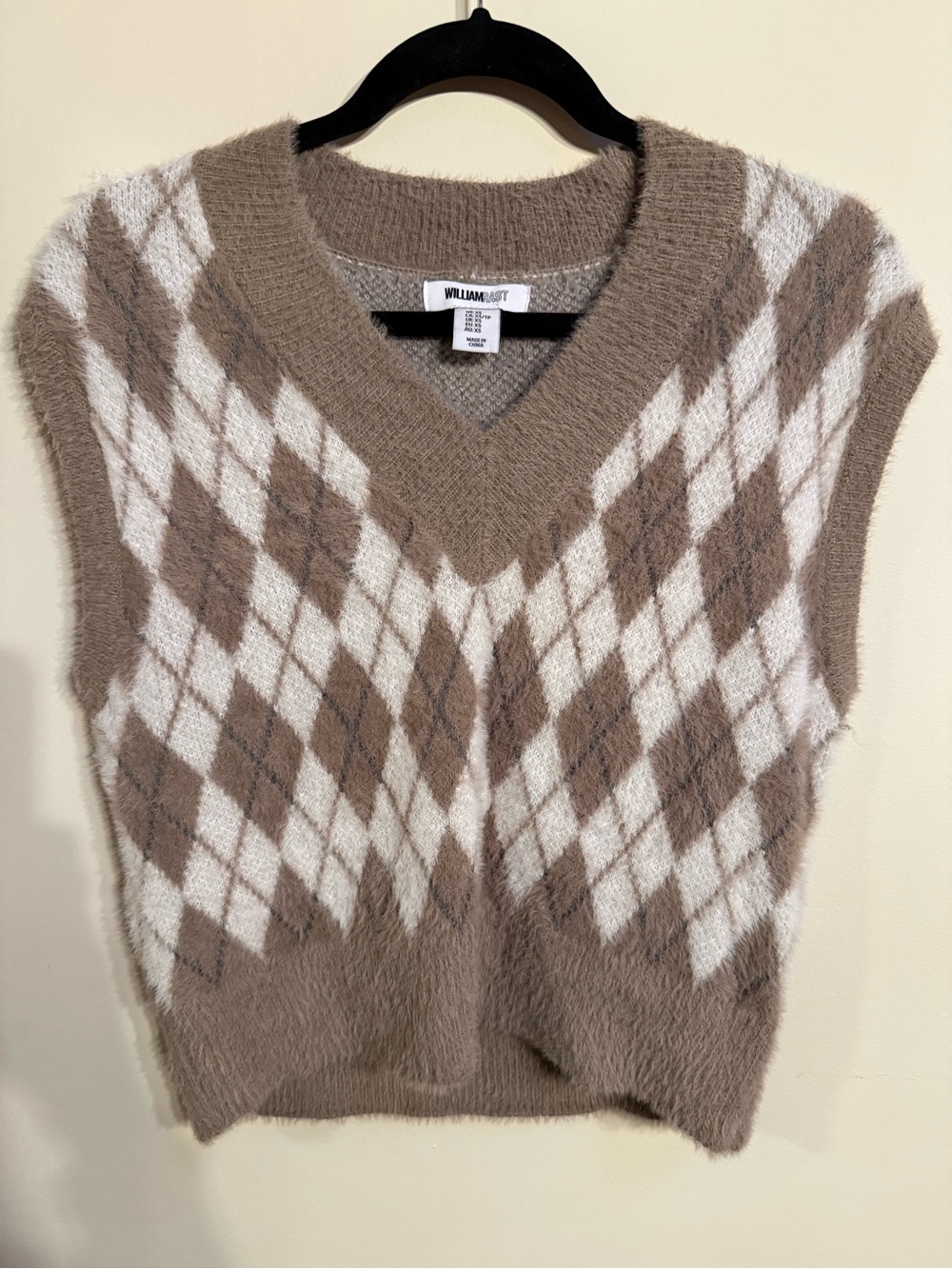 William Rast Brown and White Argyle V-Neck Sweater Vest